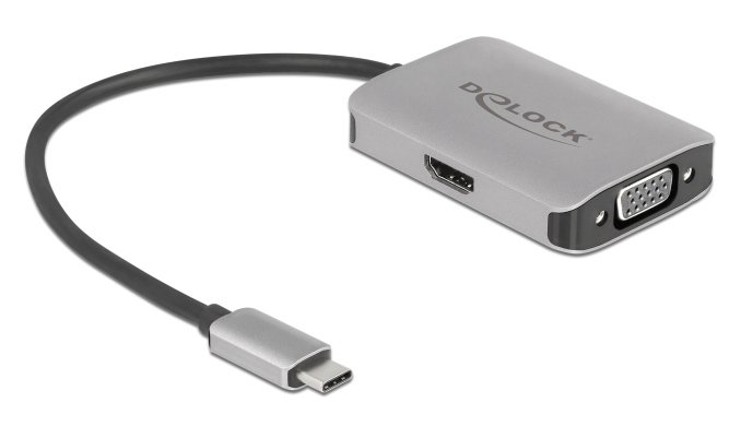 DELOCK αντάπτορας USB Type-C σε HDMI + VGA 87776, 4K, HDR, 20cm, ασημί
