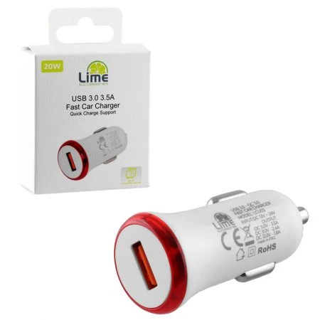 LIME ΦΟΡΤΙΣΤΗΣ ΑΥΤΟΚΙΝΗΤΟΥ USB 3.0 FAST CAR CHARGER QC 3.0 LCU02 20W 5V-3.5A/9V-2.4A/12V-1.8A WHITE