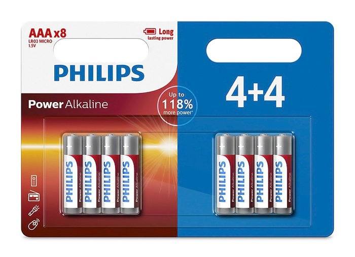 PHILIPS Power αλκαλικές μπαταρίες LR03P8BP/5, AAA LR03 1.5V, 8τμχ