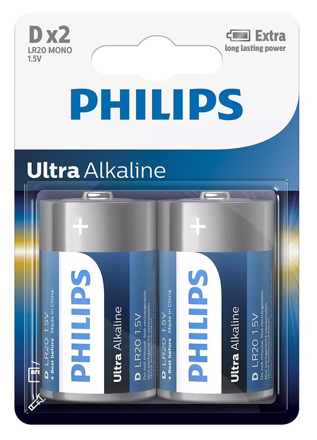 PHILIPS Ultra αλκαλικές μπαταρίες LR20E2B/10, Mono D LR20 1.5V, 2τμχ