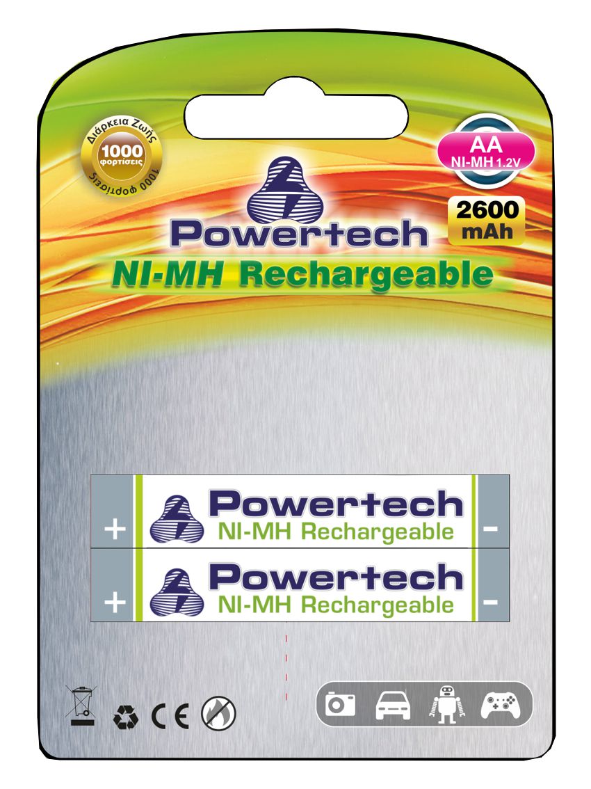 POWERTECH επαναφορτιζόμενη μπαταρία PT-351 2600mAh, AA R6, 2 τμχ
