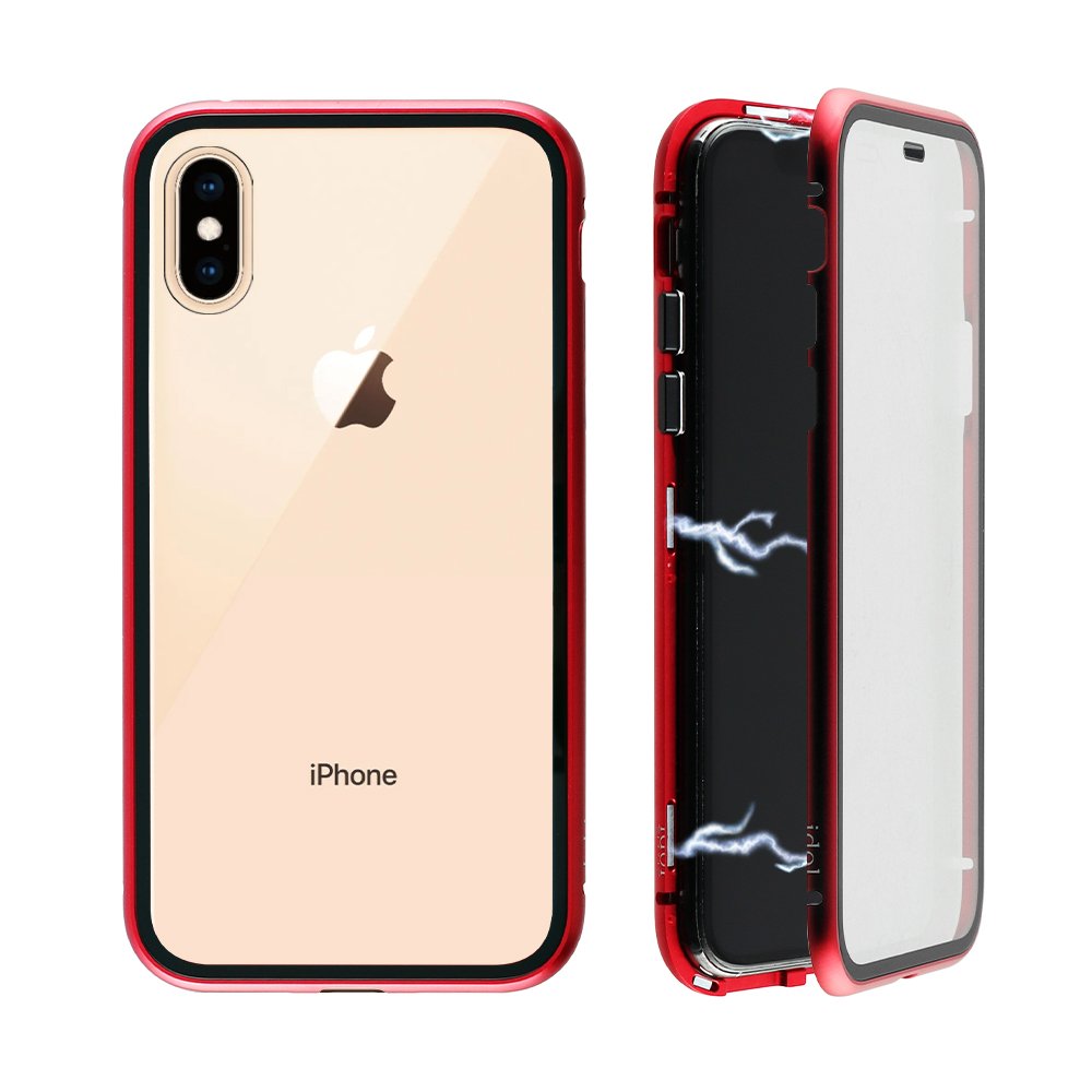 IDOL 1991 ΘΗΚΗ IPHONE XS/X 5.8" MAGNETIC METAL FRAME RED+TEMPERED GLASS BACK-FRONT