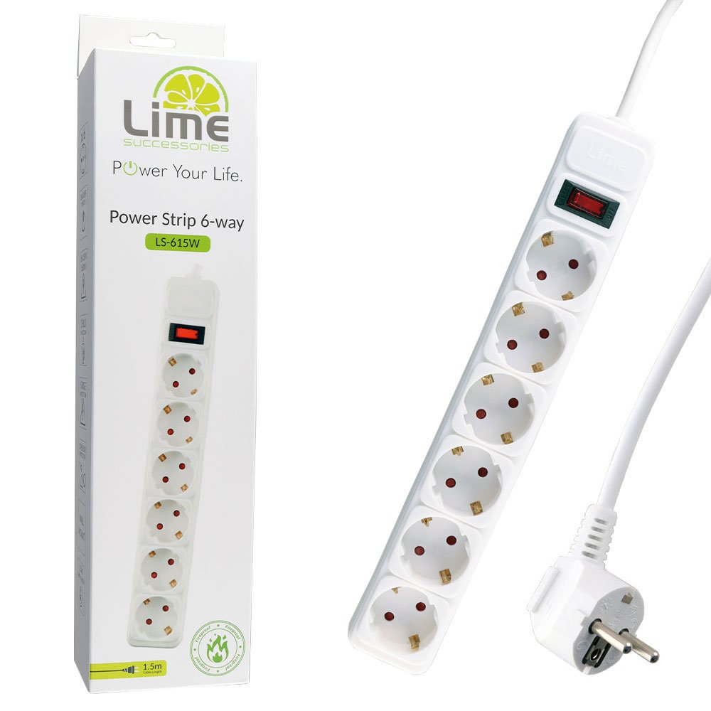 LIME ΠΟΛΥΠΡΙΖΟ 6 ΣΟΥΚΟ LS-615W ΜΕ ΔΙΑΚΟΠΤΗ - ΠΑΙΔΙΚΗ ΠΡΟΣΤΑΣΙΑ ΥΠΕΡΤΑΣΗΣ & ΥΠΕΡΦΟΡΤΩΣΗΣ (3x1.5mm2) 1.5m ΑΣΠΡΟ