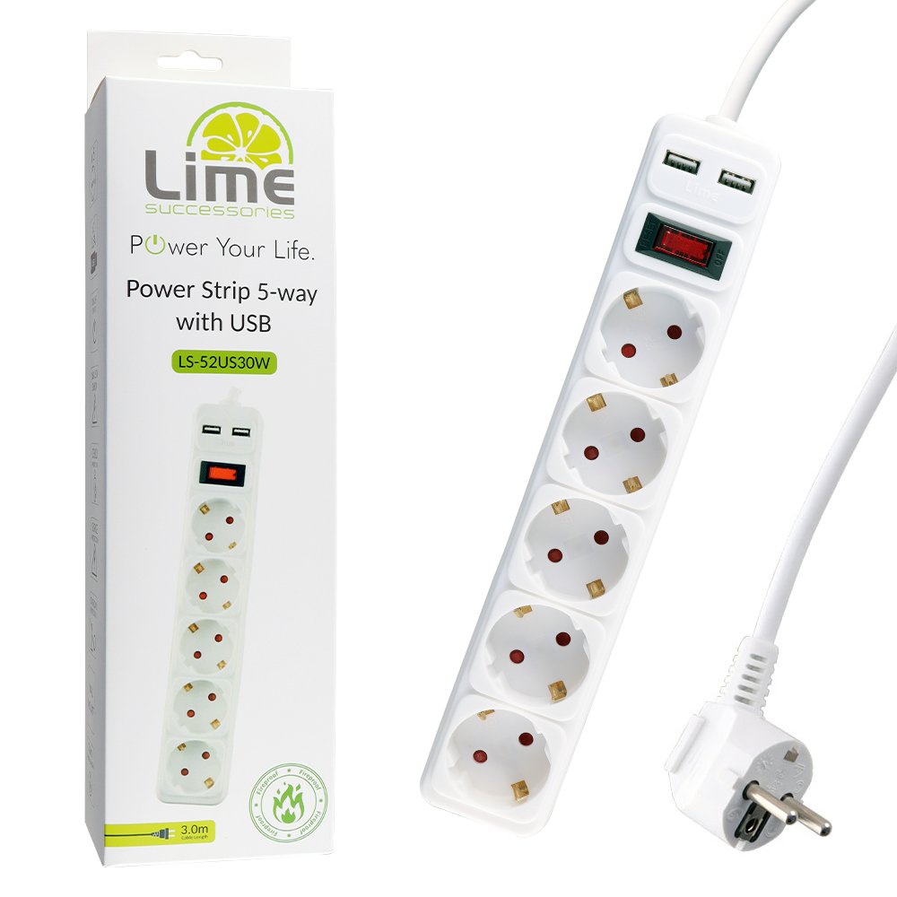 LIME ΠΟΛΥΠΡΙΖΟ 5 ΣΟΥΚΟ + 2 USB 3.5A LS-52US30W ΜΕ ΔΙΑΚΟΠΤΗ - ΠΑΙΔΙΚΗ ΠΡΟΣΤΑΣΙΑ ΥΠΕΡΤΑΣΗΣ & ΥΠΕΡΦΟΡΤΩΣΗΣ (3x1.5mm2) 3.0m ΑΣΠΡΟ