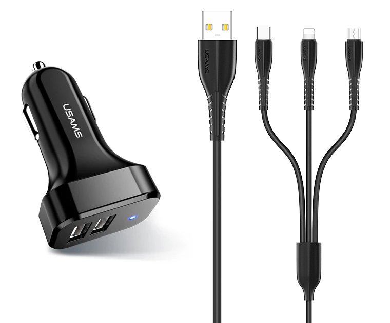USAMS φορτιστής αυτοκινήτου C13 & καλώδιο 3 σε 1, 2x USB, 2.1A, μαύρο