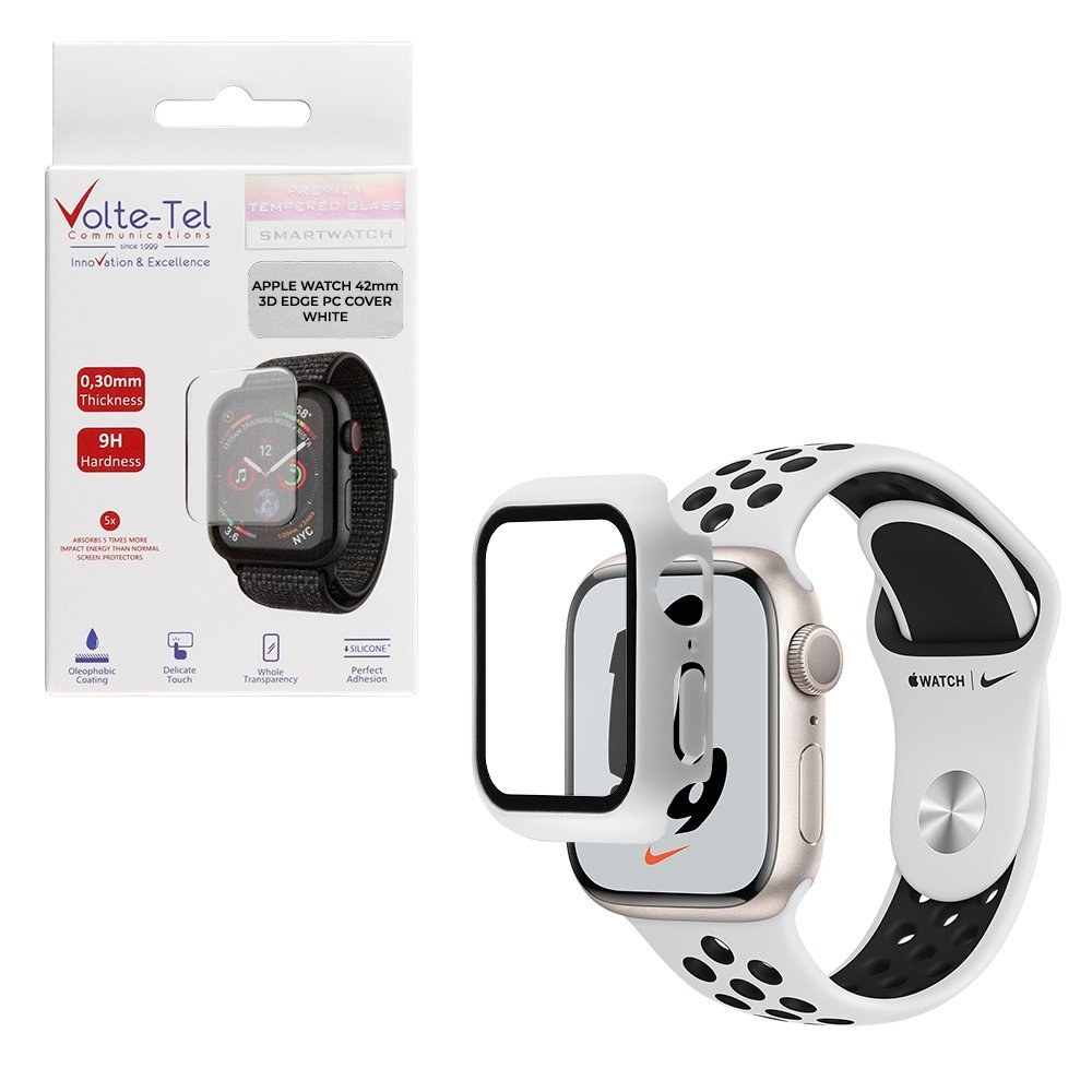 VOLTE-TEL TEMPERED GLASS APPLE WATCH 42mm 1.65" 9H 0.30mm PC EDGE COVER WITH KEY 3D FULL GLUE FULL COVER WHITE