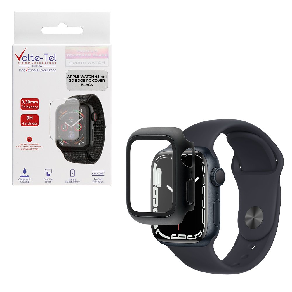 VOLTE-TEL TEMPERED GLASS APPLE WATCH 45mm 1.9" 9H 0.30mm PC EDGE COVER WITH KEY 3D FULL GLUE FULL COVER BLACK