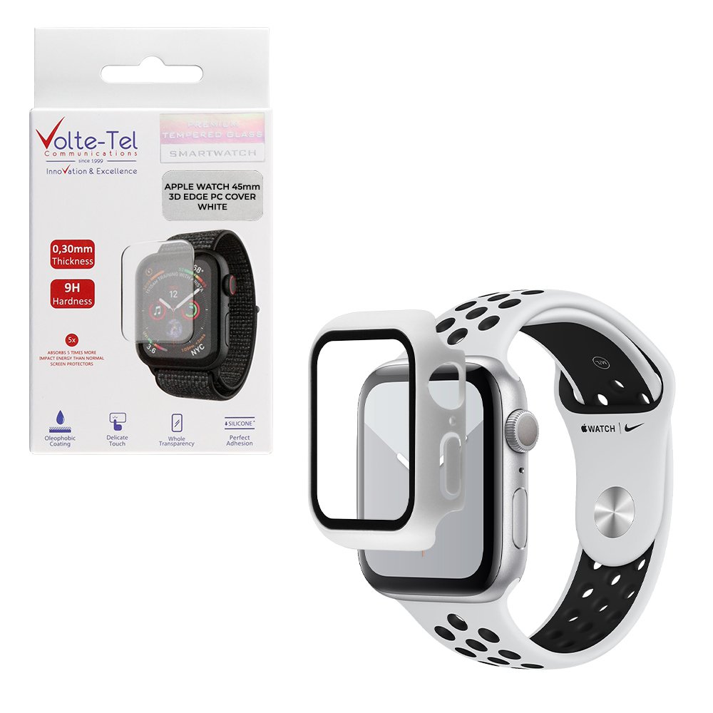 VOLTE-TEL TEMPERED GLASS APPLE WATCH 45mm 1.9" 9H 0.30mm PC EDGE COVER WITH KEY 3D FULL GLUE FULL COVER WHITE