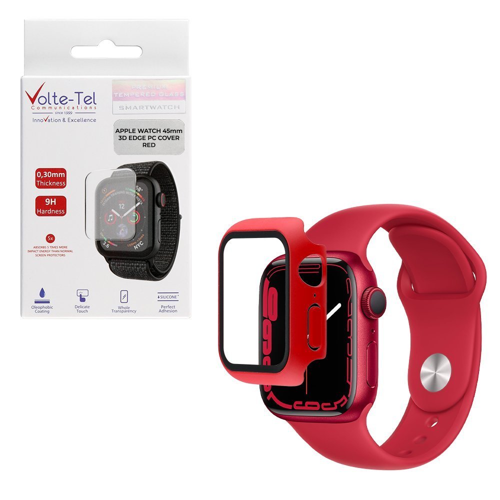VOLTE-TEL TEMPERED GLASS APPLE WATCH 45mm 1.9" 9H 0.30mm PC EDGE COVER WITH KEY 3D FULL GLUE FULL COVER RED