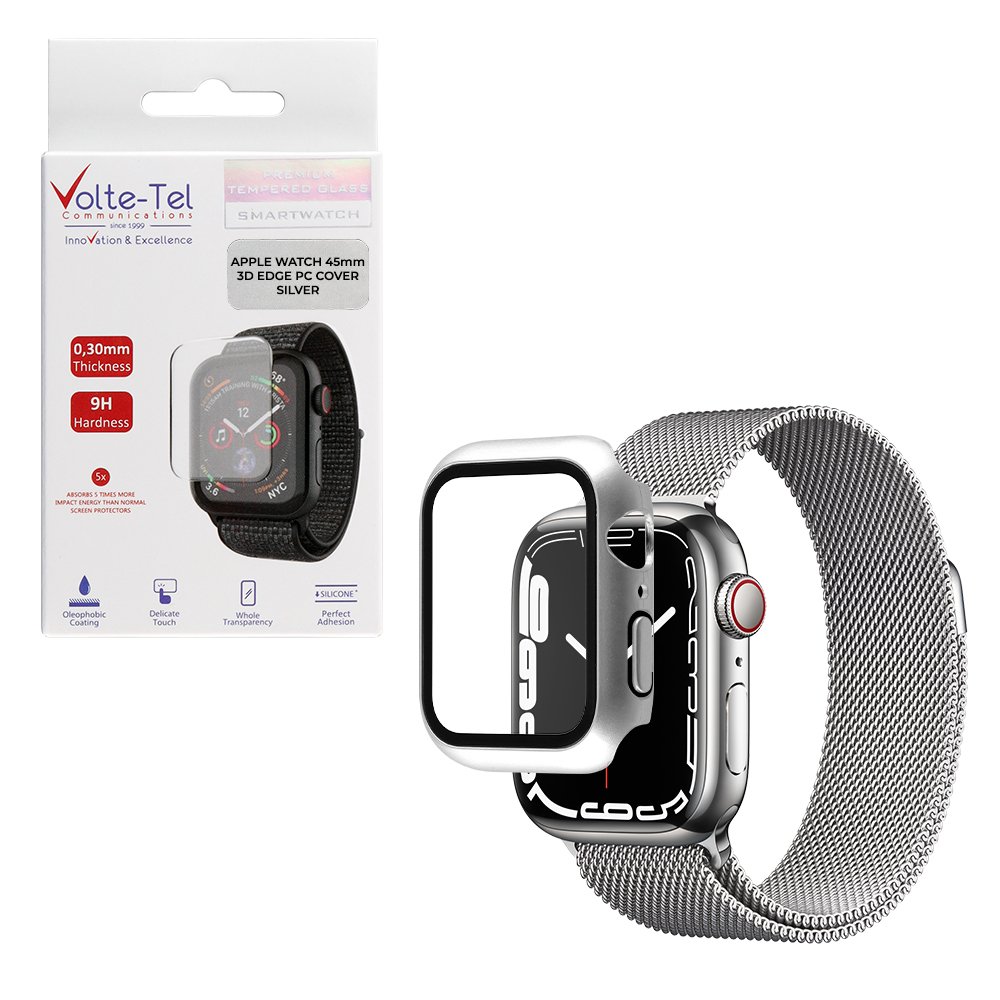 VOLTE-TEL TEMPERED GLASS APPLE WATCH 45mm 1.9" 9H 0.30mm PC EDGE COVER WITH KEY 3D FULL GLUE FULL COVER SILVER