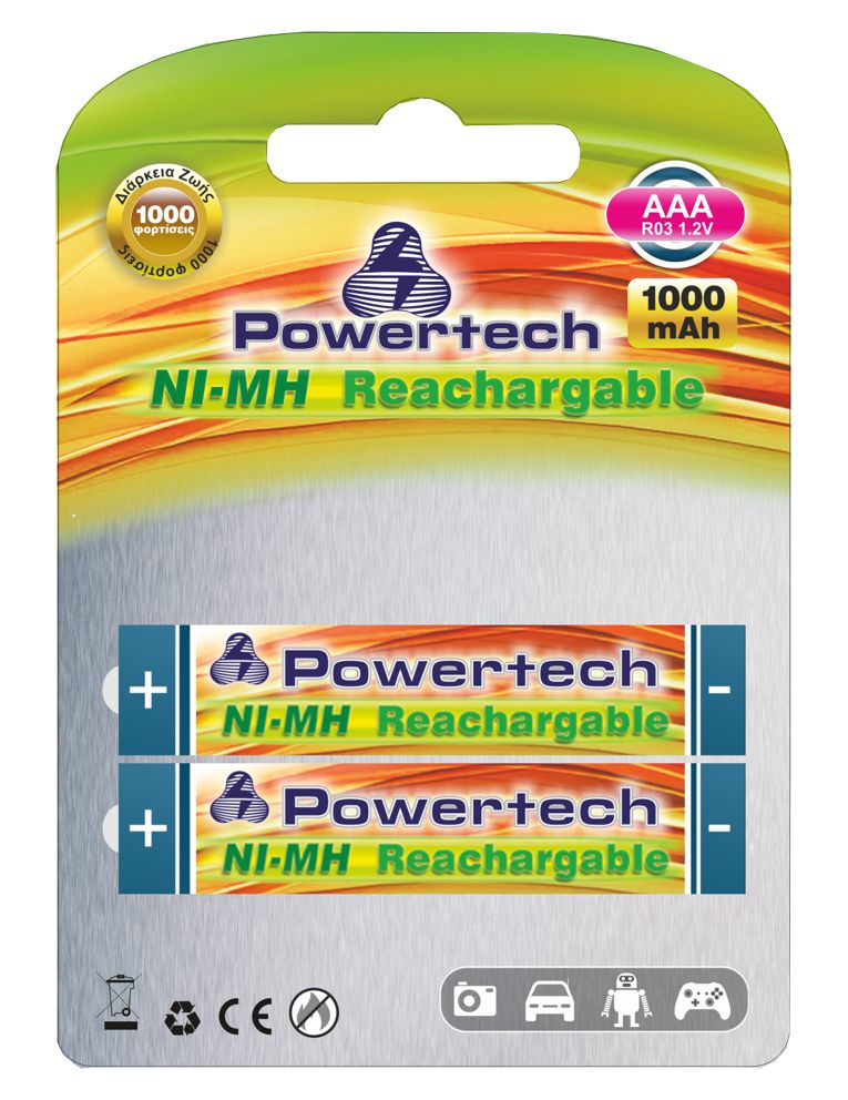 POWERTECH επαναφορτιζόμενη μπαταρία PT-159 1000mAh, AAΑ (R03), 2 τμχ