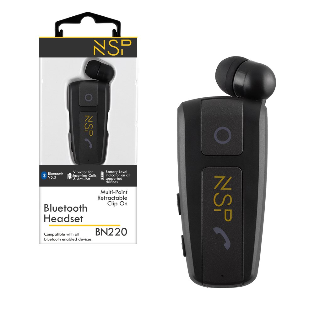 NSP BLUETOOTH BN220 RETRACTABLE CLIP ON HEADSET V5.3 (2 ΣΥΣΚΕΥΩΝ) VIBRATION + ANTI-LOST BLACK