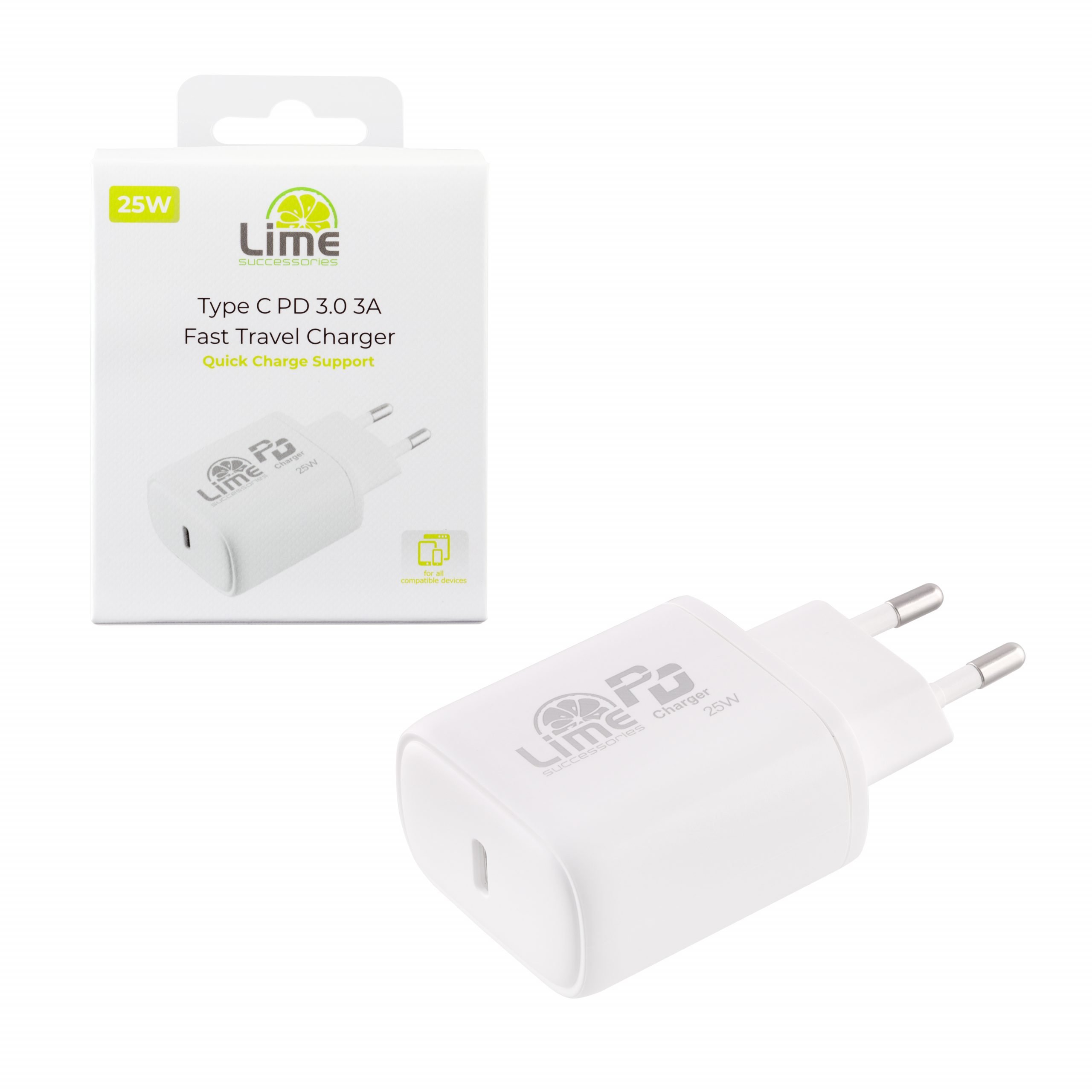 LIME TYPE C PD 3.0 FAST TRAVEL QC 3.0 LTC25W 25W 5V 3.0A /9V 2.8A/12V 2.1A WHITE