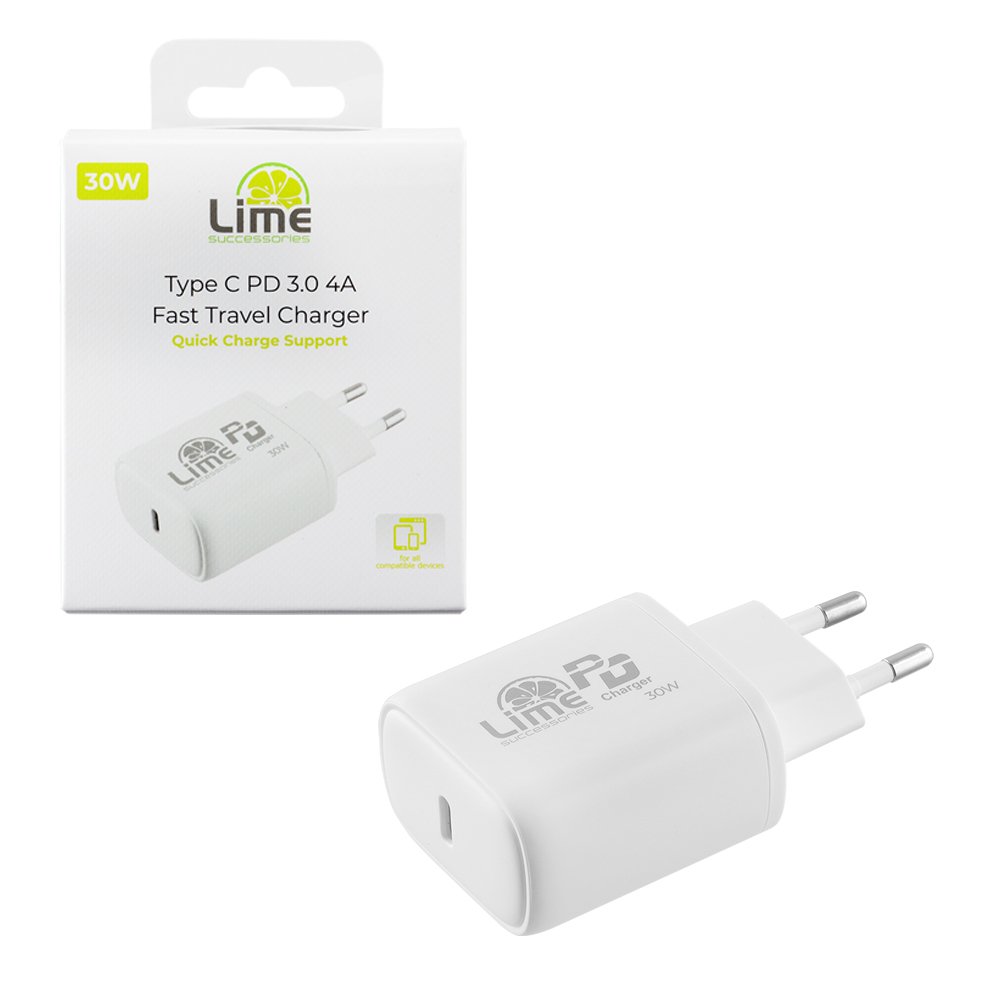 LIME TYPE C PD 3.0 SUPER FAST TRAVEL QC 3.0 LTC30W 30W 5V 4.0A /9V  3.4A/12V 2.5A WHITE