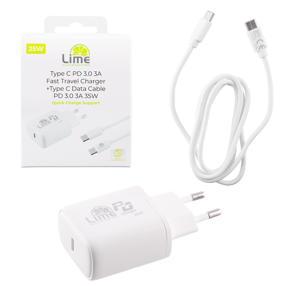 LIME TYPE C PD 3.0 FAST TRAVEL QC 3.0 LTC25W 25W 3.0A  /9V+ ΦΟΡΤΙΣΗΣ-DATA LCC02 TYPE C TO TYPE C 35W WHITE