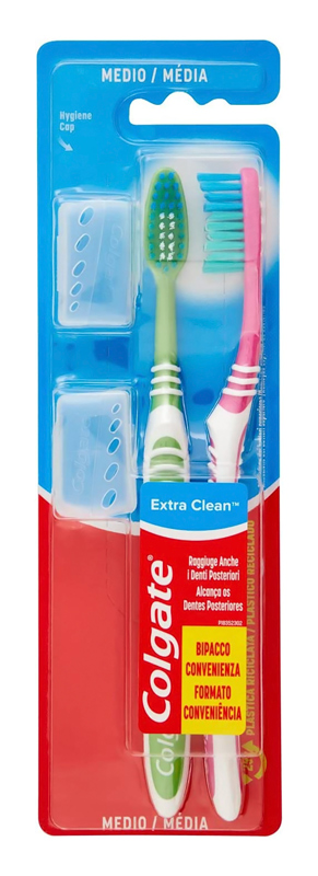 COLGATE οδοντόβουρτσα Extra Clean με καπάκι, medium, 2τμχ