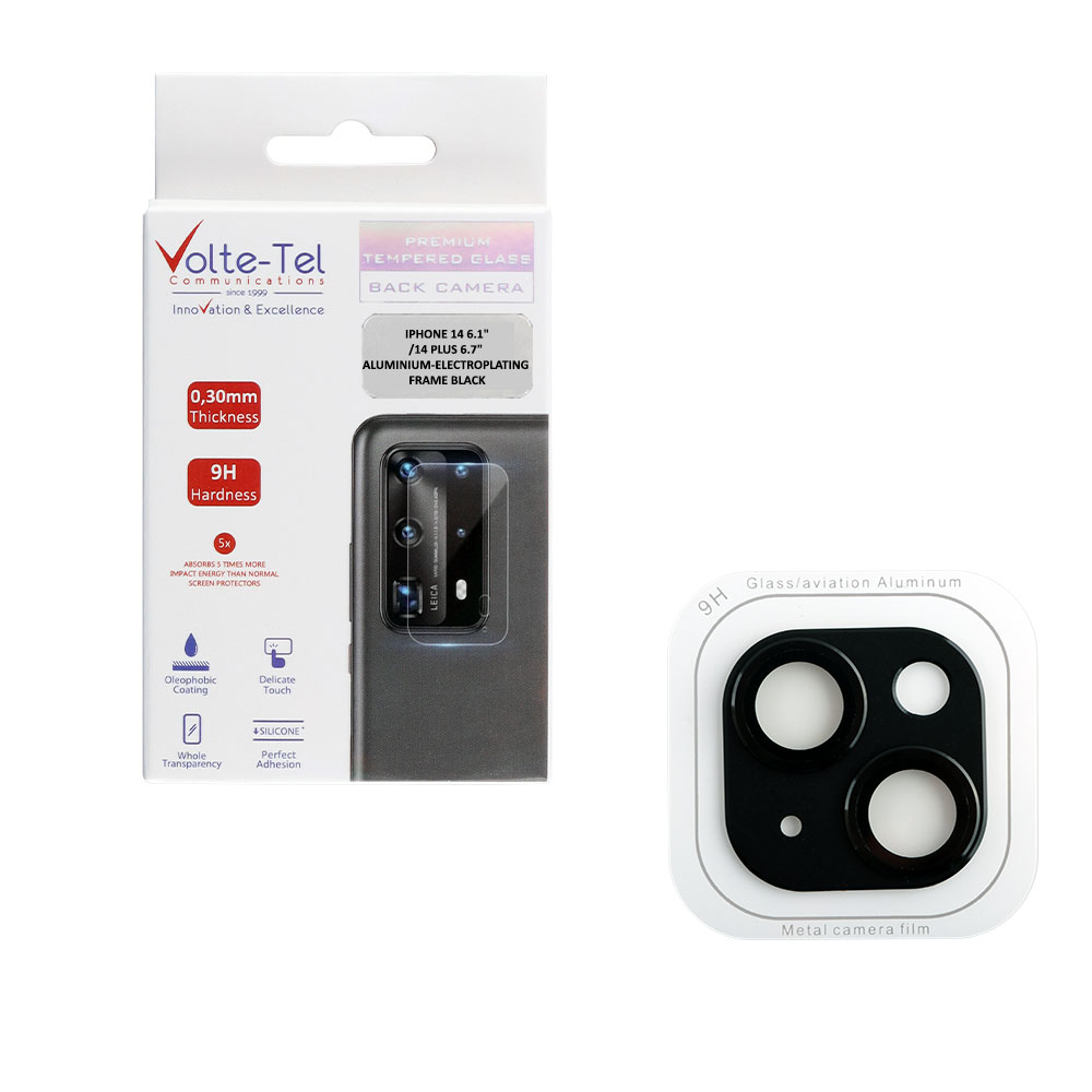 VOLTE-TEL CAMERA GLASS COVER IPHONE 14 6.1"/14 PLUS 6.7" 9H 0.30MM 3D ALUMINIUM-ELECTROPLATING FRAME BLACK