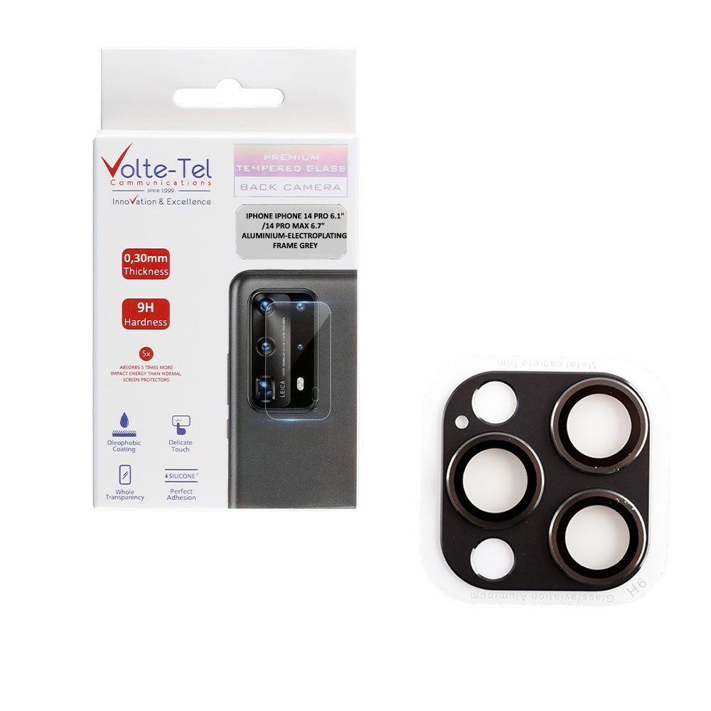 VOLTE-TEL CAMERA GLASS COVER IPHONE 14 PRO 6.1"/14 PRO MAX 6.7" 9H 0.30MM 3D ALUMINIUM-ELECTROPLATING FRAME GREY