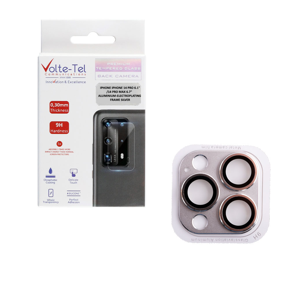 VOLTE-TEL CAMERA GLASS COVER IPHONE 14 PRO 6.1"/14 PRO MAX 6.7" 9H 0.30MM 3D ALUMINIUM-ELECTROPLATING FRAME SILVER