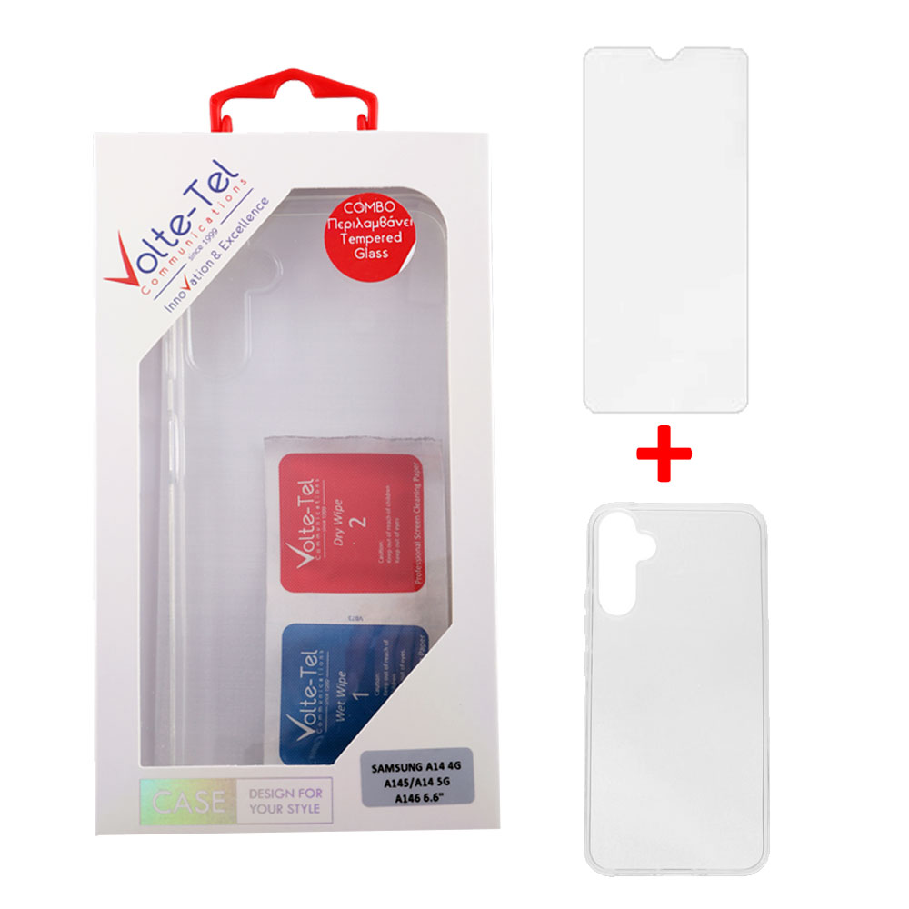 VOLTE-TEL COMBO SAMSUNG A14 4G A145/A14 5G A146 6.6" TEMPERED 0.30mm + ΘΗΚΗ SLIMCOLOR AIR WHITE