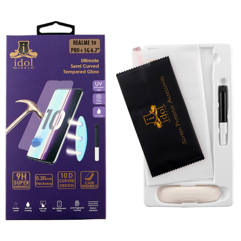 IDOL 1991 TEMPERED UV GLASS REALME 10 PRO+ 5G 6.7" 9H 0.20mm 10D SEMI WITH GLUE-TOOL FINGER UNLOCK FULL COVER TRANSPARENT