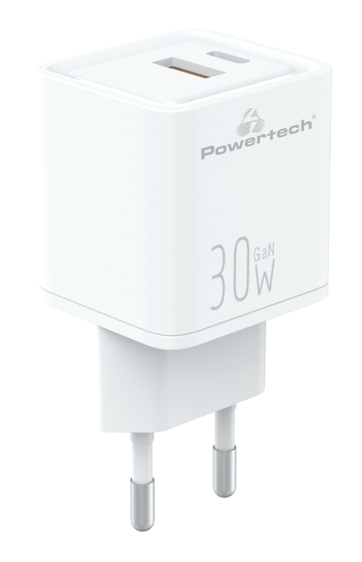 POWERTECH φορτιστής τοίχου PT-1092 USB & USB-C, PD & QC 30W, GaN, λευκός