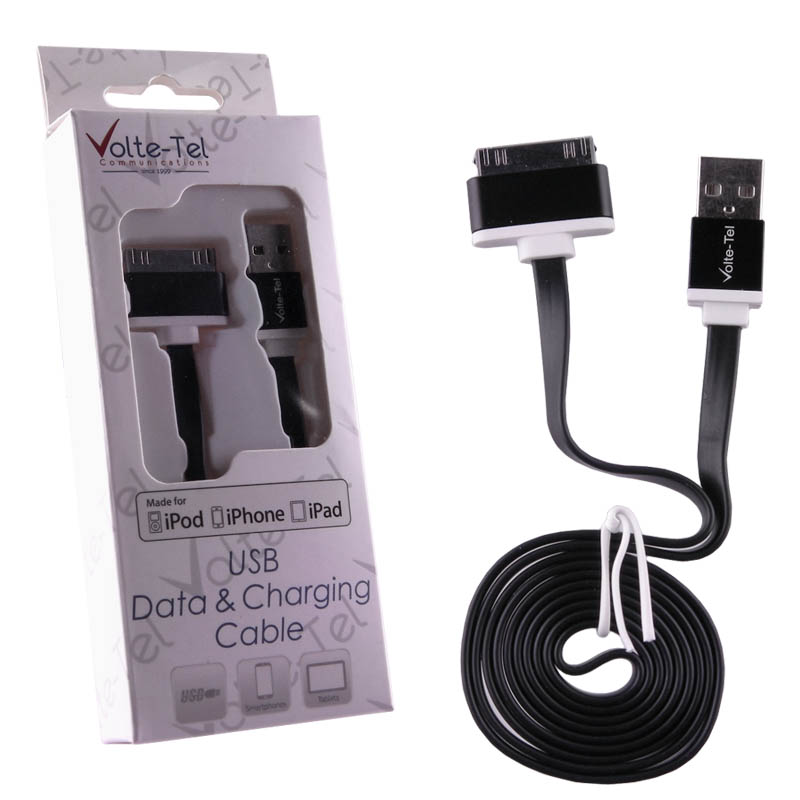 VOLTE-TEL IPHONE 4/4S FLAT ALUMINIUM 6mm USB 2.1A ΦΟΡΤ.-DATA 1m BLACK