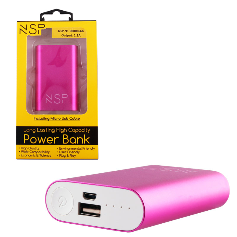 NSP-91 POWER BANK 9000mAh 1.2A + MICRO USB METAL PINK