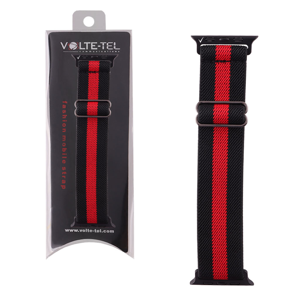 VOLTE-TEL ΛΟΥΡΑΚΙ ΡΟΛΟΓΙΟΥ ΣΥΜΒΑΤΟ ΜΕ APPLE WATCH 42/44/45/46/49mm ELASTIC BRAIDED NYLON BLACK WITH RED STRIPE VT101
