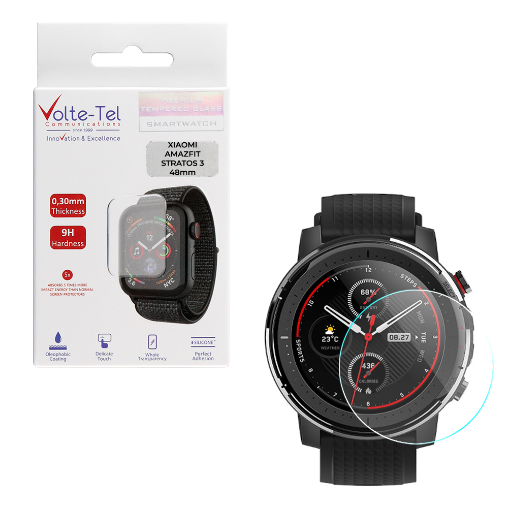VOLTE-TEL TEMPERED GLASS XIAOMI AMAZFIT STRATOS 3 48mm WATCH 1.34" 9H 0.30mm 2.5D FULL GLUE FULL COVER