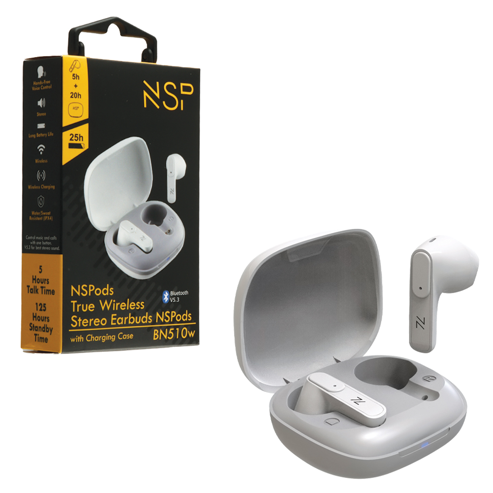 NSP BLUETOOTH STEREO BN510W NSPODS TWS HEADSET V5.3 ΜΕ ΘΗΚΗ ΦΟΡΤΙΣΗΣ - ΜΕΤΑΦΟΡΑΣ WHITE