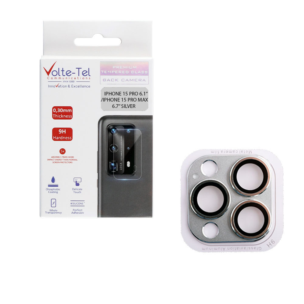 VOLTE-TEL CAMERA GLASS COVER IPHONE 15 PRO 6.1"/IPHONE 15 PRO MAX 6.7" 9H 0.30MM 3D AR ALUMINIUM-ELECTROPLATING FRAME SILVER