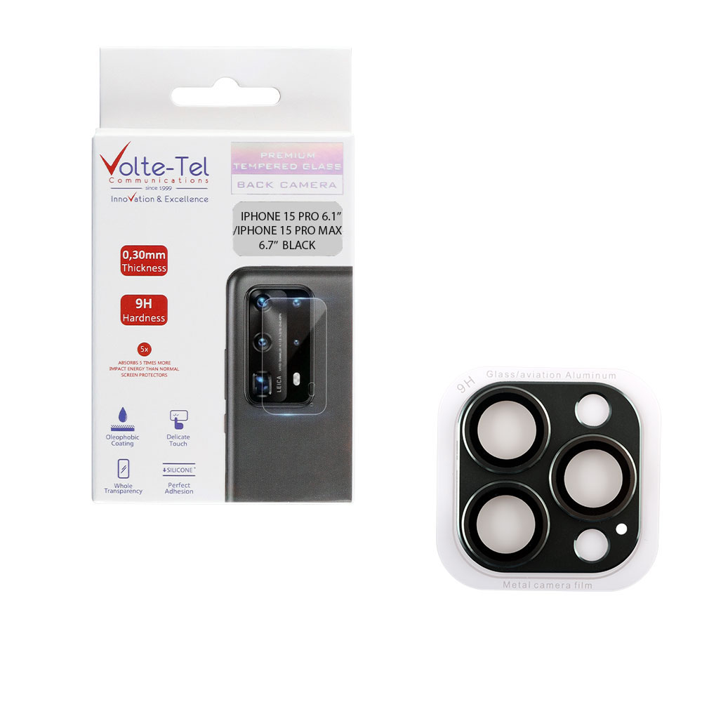VOLTE-TEL CAMERA GLASS COVER IPHONE 15 PRO 6.1"/IPHONE 15 PRO MAX 6.7" 9H 0.30MM 3D AR ALUMINIUM-ELECTROPLATING FRAME BLACK