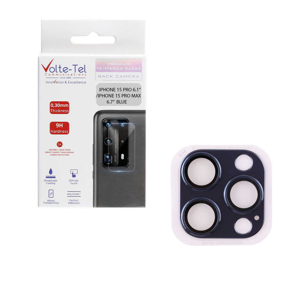 VOLTE-TEL CAMERA GLASS COVER IPHONE 15 PRO 6.1"/IPHONE 15 PRO MAX 6.7" 9H 0.30MM 3D AR ALUMINIUM-ELECTROPLATING FRAME BLUE