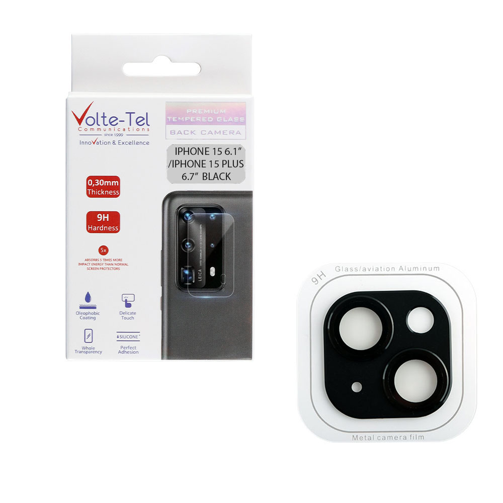 VOLTE-TEL CAMERA GLASS COVER IPHONE 15 6.1"/IPHONE 15 PLUS 6.7" 9H 0.30MM 3D AR ALUMINIUM-ELECTROPLATING FRAME BLACK