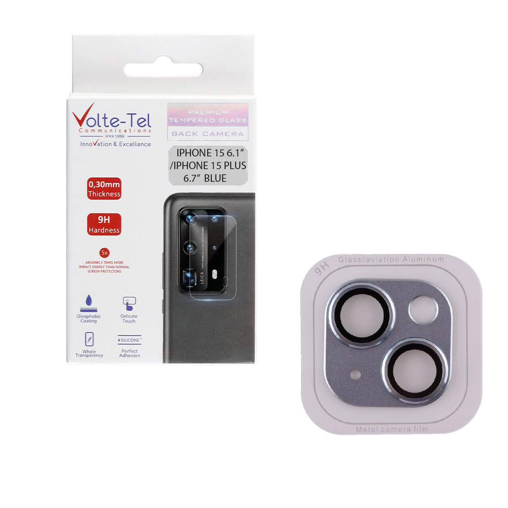 VOLTE-TEL CAMERA GLASS COVER IPHONE 15 6.1"/IPHONE 15 PLUS 6.7" 9H 0.30MM 3D AR ALUMINIUM-ELECTROPLATING FRAME BLUE