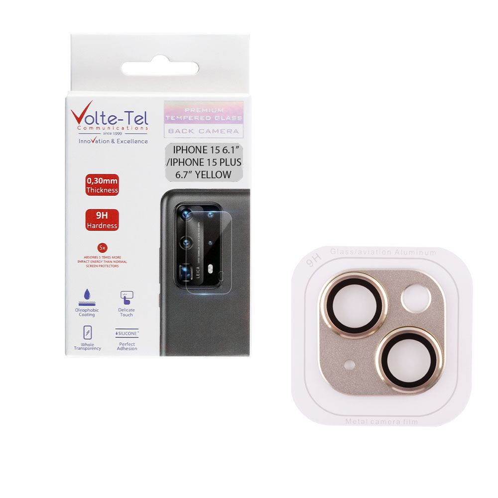 VOLTE-TEL CAMERA GLASS COVER IPHONE 15 6.1"/IPHONE 15 PLUS 6.7" 9H 0.30MM 3D AR ALUMINIUM-ELECTROPLATING FRAME YELLOW