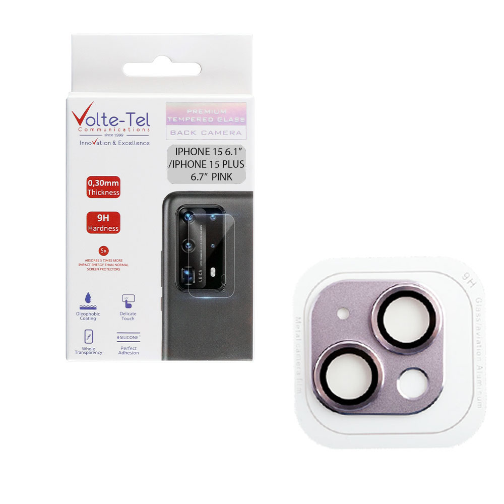 VOLTE-TEL CAMERA GLASS COVER IPHONE 15 6.1"/IPHONE 15 PLUS 6.7" 9H 0.30MM 3D AR ALUMINIUM-ELECTROPLATING FRAME PINK