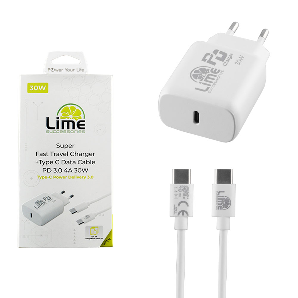 LIME TYPE C PD 3.0 SUPER FAST TRAVEL LTC30W 30W 4.0A + ΦΟΡΤΙΣΗΣ-DATA LCC03 TYPE C TO TYPE C 40W WHITE