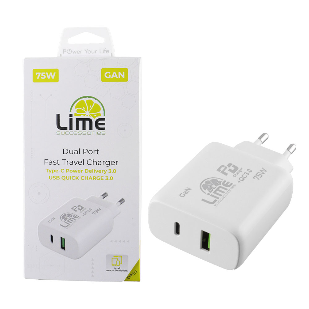 LIME TYPE C GAN PD 3.0 DUAL SUPER FAST TRAVEL LTC75W 75W 4.0A PD 54W + USB QC 3.0 21W WHITE