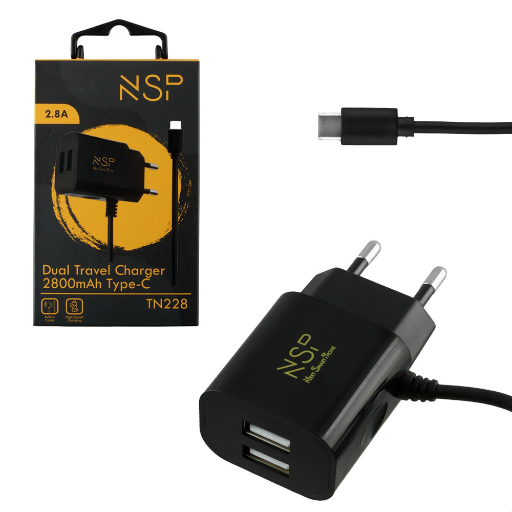 TRAVEL NSP TN228 DUAL USB ΜΕ ΕΝΣΩΜΑΤΩΜΕΝΟ ΚΑΛΩΔΙΟ TYPE C 2800mA BLACK OR