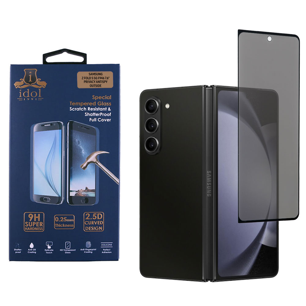 IDOL 1991 TEMPERED GLASS SAMSUNG Z FOLD 5 5G F946 7.6" 9H 0.25mm PRIVACY ANTISPY SEMI CURVED OUTSIDE FULL GLUE BLACK