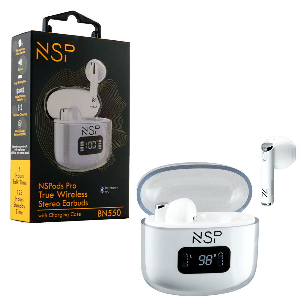 NSP BLUETOOTH STEREO BN550 NSPODS TWS HEADSET V5.3 ΜΕ ΘΗΚΗ ΦΟΡΤΙΣΗΣ - ΜΕΤΑΦΟΡΑΣ LED LCD WHITE