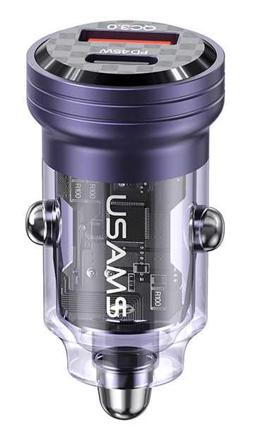 USAMS φορτιστής αυτοκινήτου US-CC175, USB & USB-C, 45W, QC & PD, μωβ