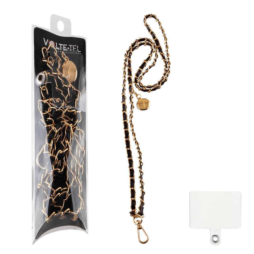 VOLTE-TEL NECK STRAP - ΑΛΥΣΙΔΑ ΛΑΙΜΟΥ ΓΙΑ ΘΗΚΕΣ BLACK LEATHER-GOLD METAL VT432 120cm