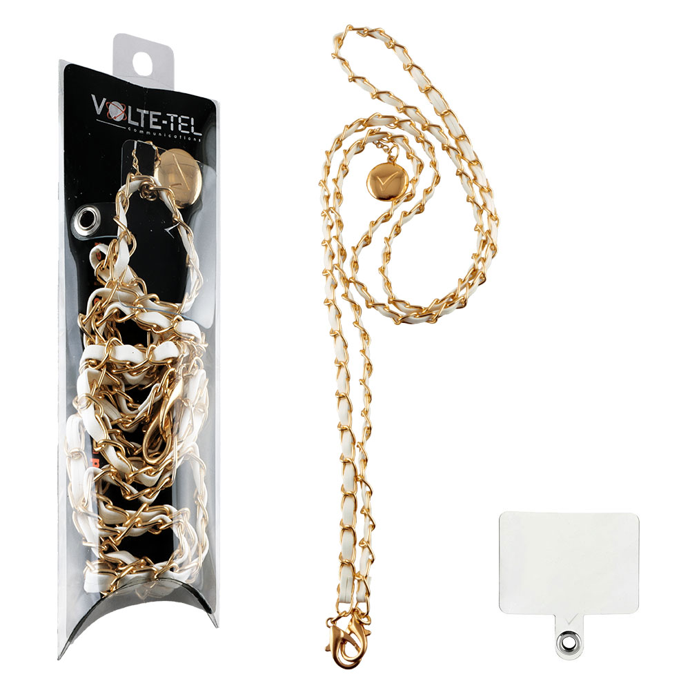 VOLTE-TEL NECK STRAP - ΑΛΥΣΙΔΑ ΛΑΙΜΟΥ ΓΙΑ ΘΗΚΕΣ WHITE LEATHER-GOLD METAL VT419 120cm