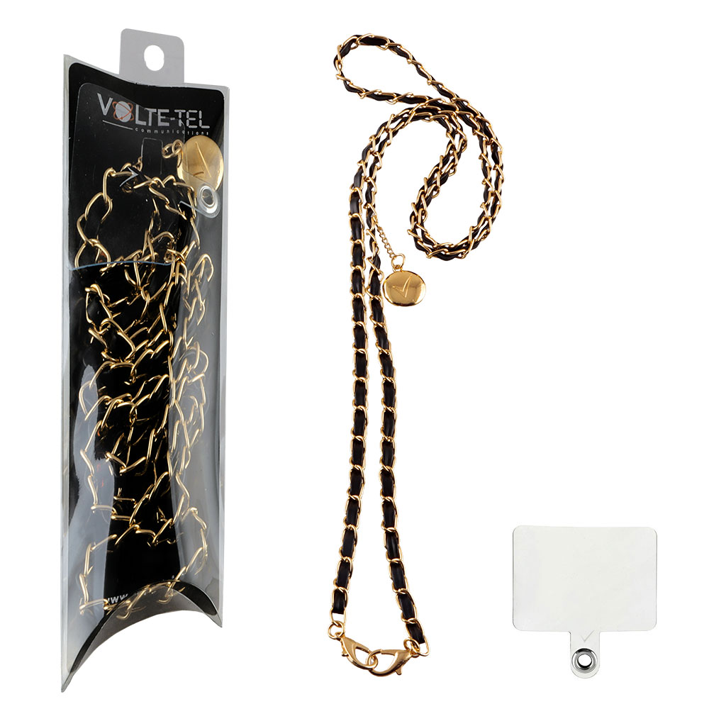 VOLTE-TEL NECK STRAP - ΑΛΥΣΙΔΑ ΛΑΙΜΟΥ ΓΙΑ ΘΗΚΕΣ BLACK LEATHER-GOLD METAL VT420 120cm