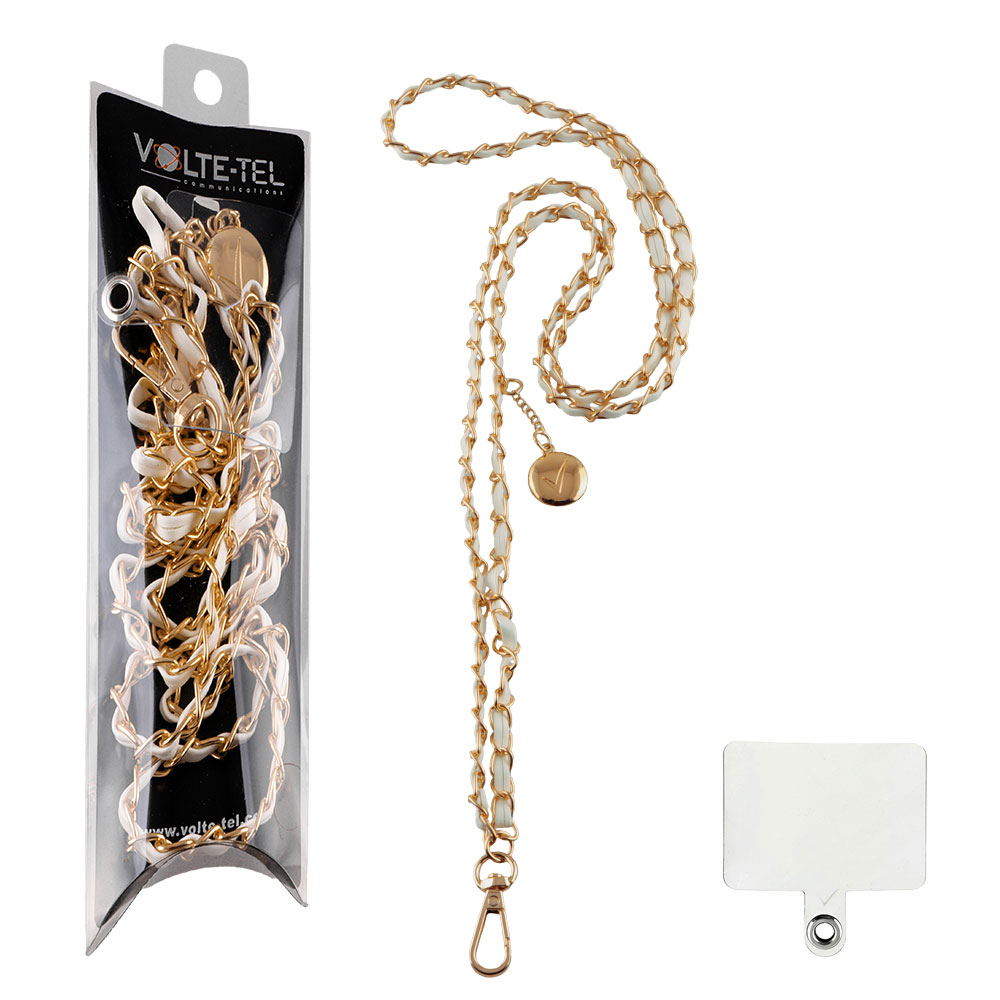 VOLTE-TEL NECK STRAP - ΑΛΥΣΙΔΑ ΛΑΙΜΟΥ ΓΙΑ ΘΗΚΕΣ WHITE LEATHER-GOLD METAL VT431 120cm