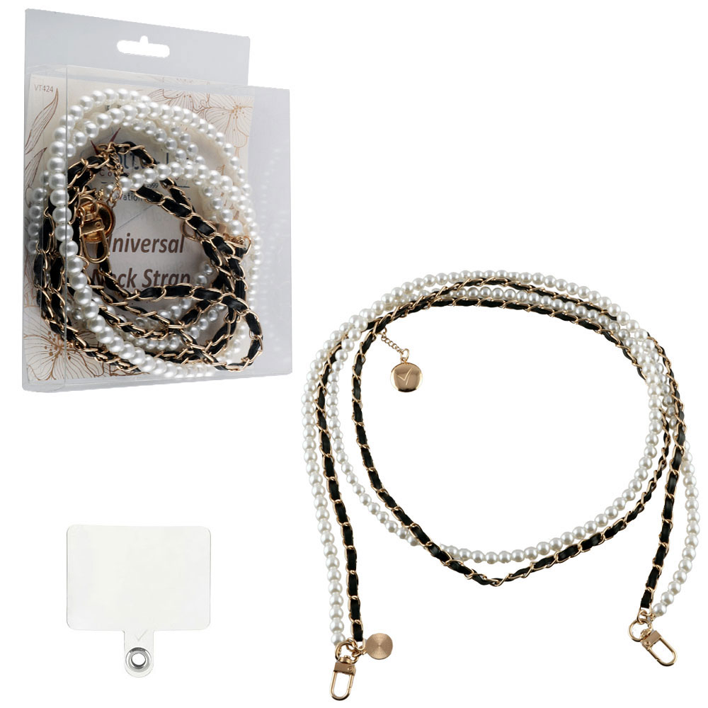 VOLTE-TEL NECK STRAP - ΑΛΥΣΙΔΑ ΛΑΙΜΟΥ ΓΙΑ ΘΗΚΕΣ WHITE PEARLS WITH BLACK LEATHER-GOLD METAL VT424 120cm