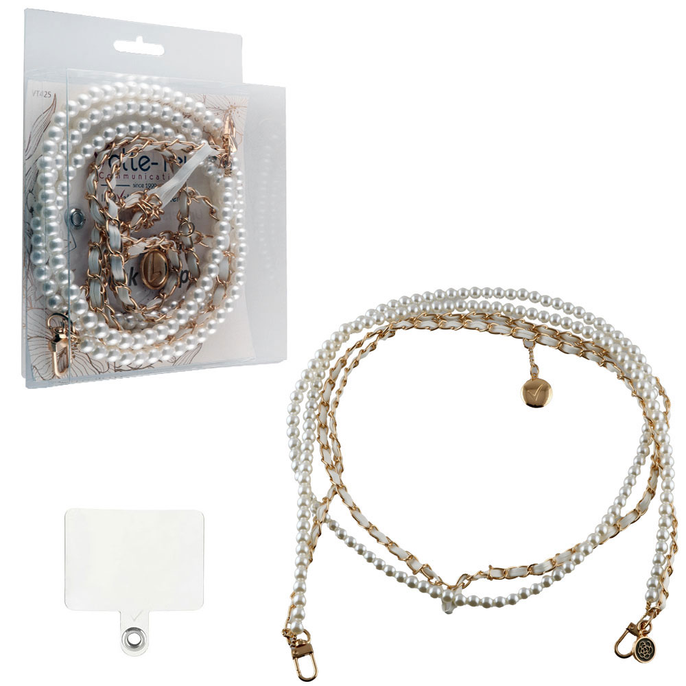 VOLTE-TEL NECK STRAP - ΑΛΥΣΙΔΑ ΛΑΙΜΟΥ ΓΙΑ ΘΗΚΕΣ WHITE PEARLS WITH WHITE LEATHER-GOLD METAL VT425 120cm